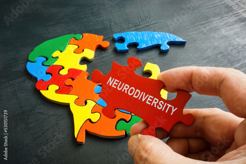 Neurodiversity concept. Brain from a puzzle and a hand holds a piece with an inscription.