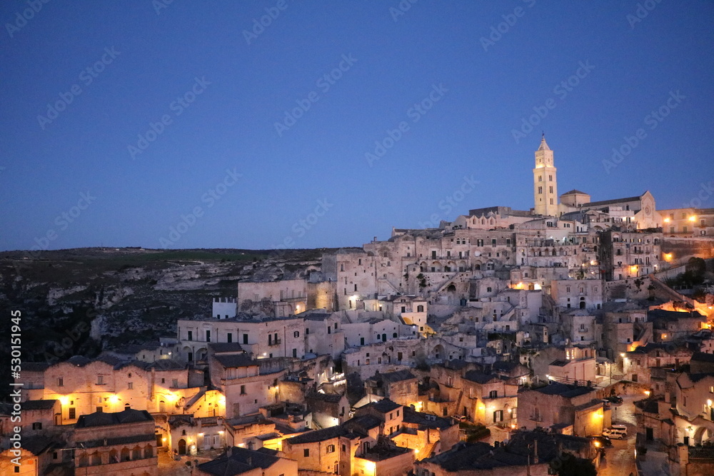 Night over the old town of Matera, Italy