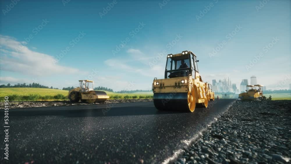 Road rollers working on the new road construction site. Road rollers drive on a new road. 3d animation Road rollers working on the new road construction site. Road rollers drive on a new road. 3d animation