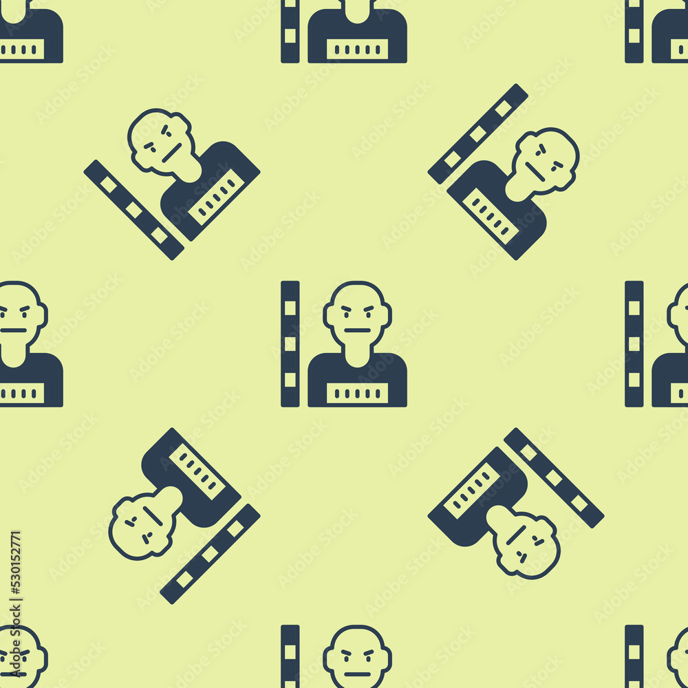 Blue Suspect criminal icon isolated seamless pattern on yellow background. The criminal in prison, suspected near the board. Vector