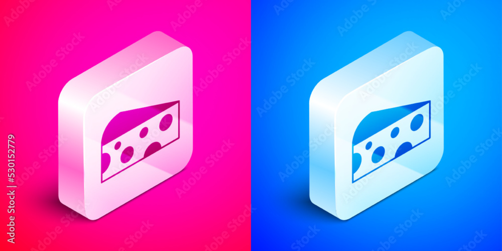 Isometric Cheese icon isolated on pink and blue background. Silver square button. Vector