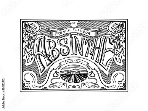 Vintage American Absinthe badge. Alcohol Label with calligraphic elements. Frame for poster banner. Hand drawn engraved lettering for t-shirt.