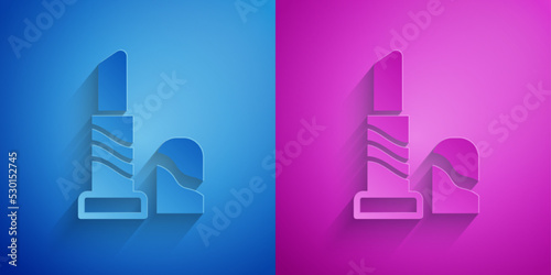 Paper cut Lipstick icon isolated on blue and purple background. 8 March. International Happy Women Day. Paper art style. Vector
