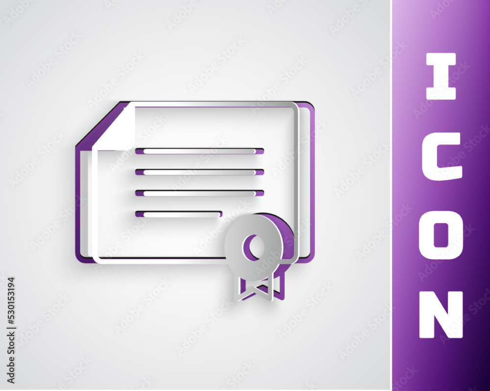 Paper cut Certificate template icon isolated on grey background. Achievement, award, degree, grant, diploma concepts. Paper art style. Vector Paper cut Certificate template icon isolated on grey background. Achievement, award, degree, grant, diploma concepts. Paper art style. Vector