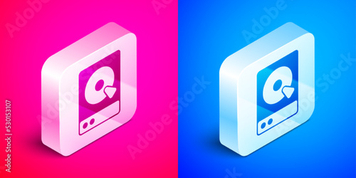 Isometric Hard disk drive HDD icon isolated on pink and blue background. Silver square button. Vector