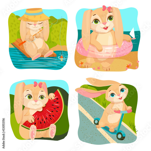 A set of Fluffy Bunnies doing different things. They rest, go for a walk, prepare for the holidays. Cheerful Rabbit. Vector illustration on a white background.