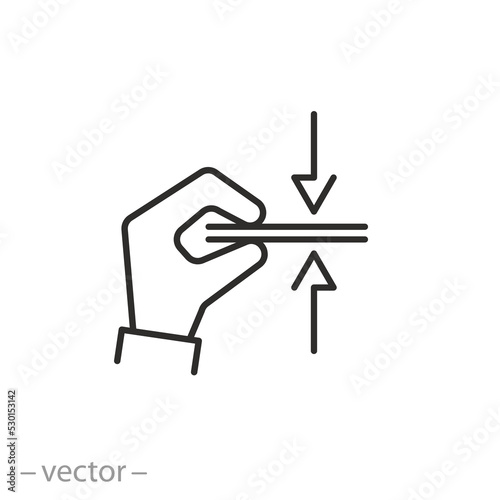surface gap icon, fingers squeeze layers, press down material, thin line symbol on white background - editable stroke vector illustration