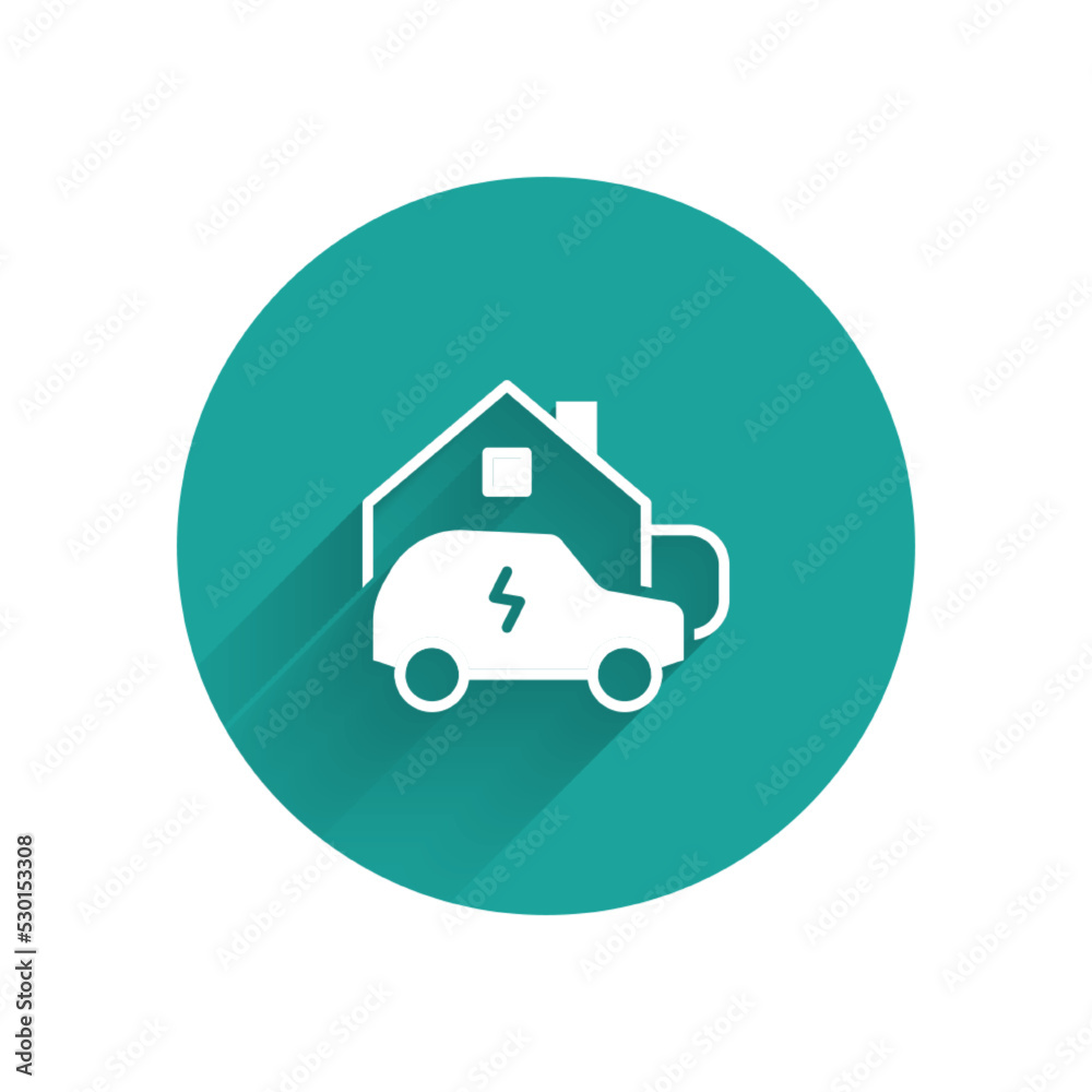 White Electric car parking charging at home wall box charger station on house icon isolated with long shadow background. Green circle button. Vector White Electric car parking charging at home wall box charger station on house icon isolated with long shadow background. Green circle button. Vector