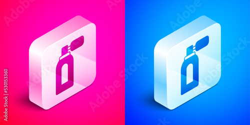 Isometric Aftershave bottle with atomizer icon isolated on pink and blue background. Cologne spray icon. Male perfume bottle. Silver square button. Vector