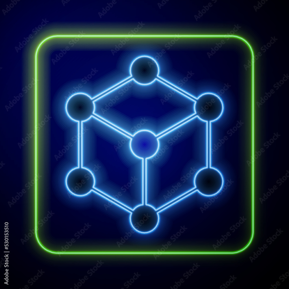Glowing neon Molecule icon isolated on blue background. Structure of molecules in chemistry, science teachers innovative educational poster. Vector Glowing neon Molecule icon isolated on blue background. Structure of molecules in chemistry, science teachers innovative educational poster. Vector