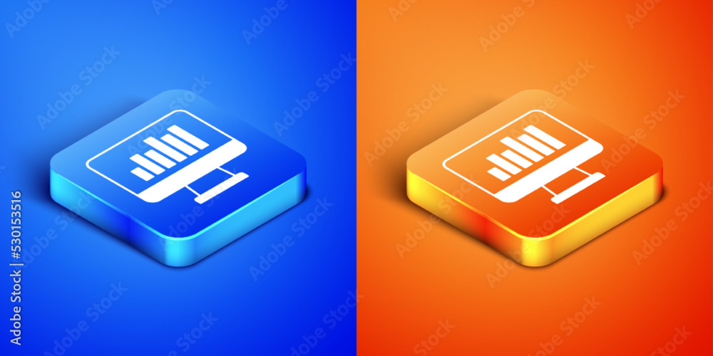 Isometric Computer monitor with graph chart icon isolated on blue and orange background. Report text file icon. Accounting sign. Audit, analysis, planning. Square button. Vector Isometric Computer monitor with graph chart icon isolated on blue and orange background. Report text file icon. Accounting sign. Audit, analysis, planning. Square button. Vector