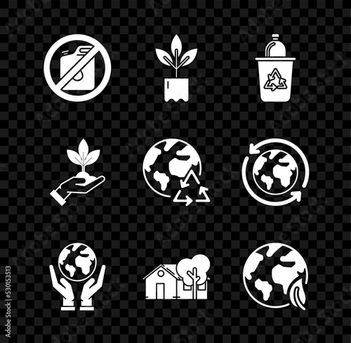 Set No canister for gasoline, Recycle bin with recycle symbol, Human hands holding Earth globe, Eco friendly house, leaf, of environmental protection and Planet earth recycling icon. Vector