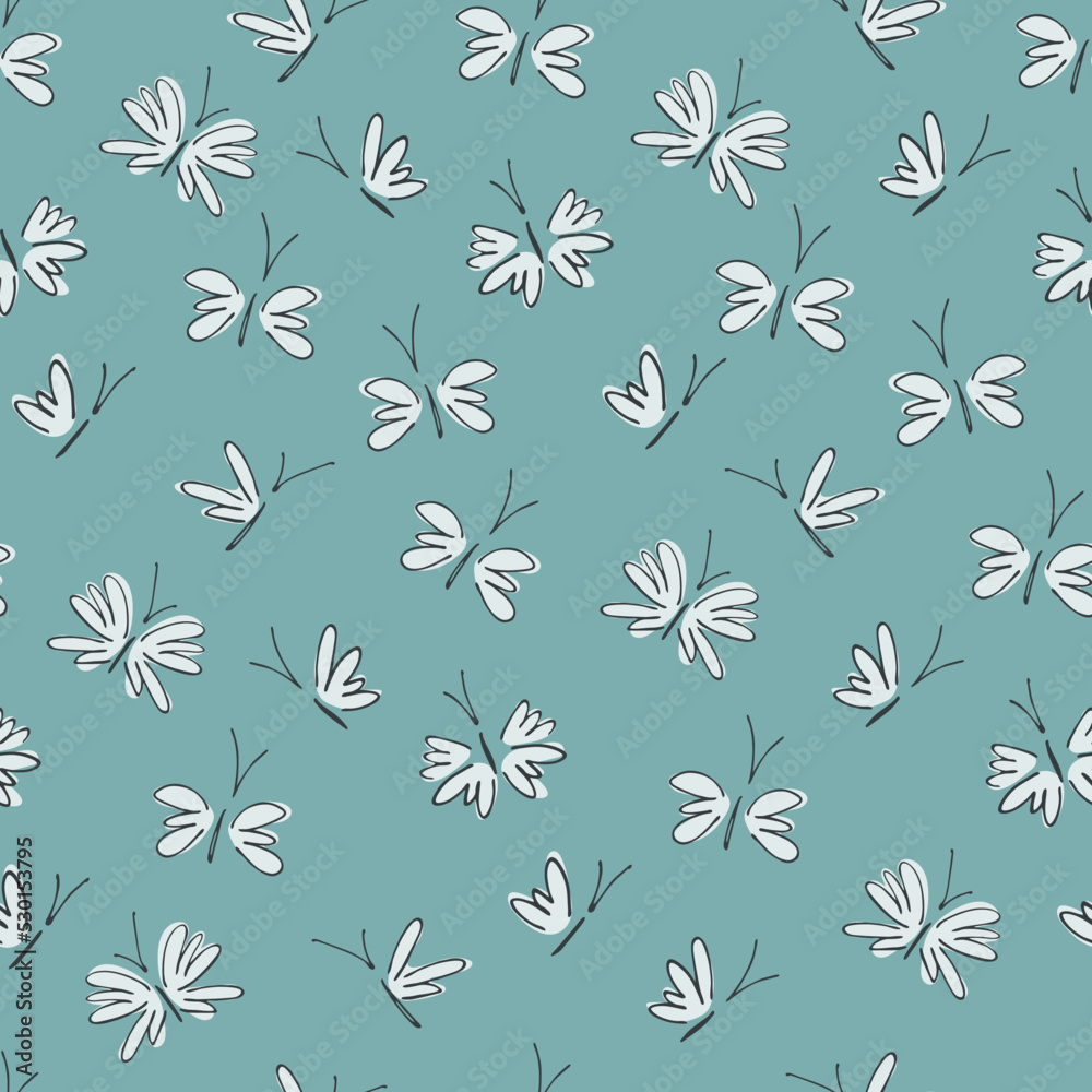 Seamless pattern with fantasy moths, butterflies in cartoon style. Happy summer illustration. Wallpaper, textile, backgound for kids