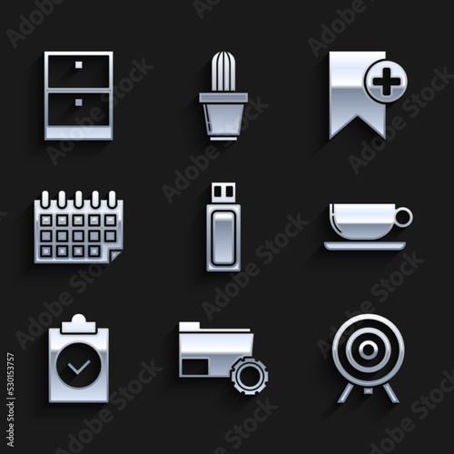 Set USB flash drive, Folder settings with gears, Target, Coffee cup flat, Completed task, Calendar, Bookmark and Archive papers drawer icon. Vector