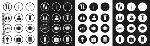 Set Rain and waves, Gauge scale, Rubber flippers for swimming, Flashlight, Army knife, Wind rose and Industry metallic pipes valve icon. Vector