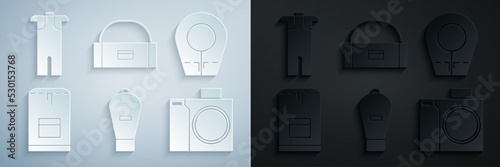 Set Lift bag, Diving hood, Backpack, Photo camera for diver, Case box container wobbler and Wetsuit scuba diving icon. Vector