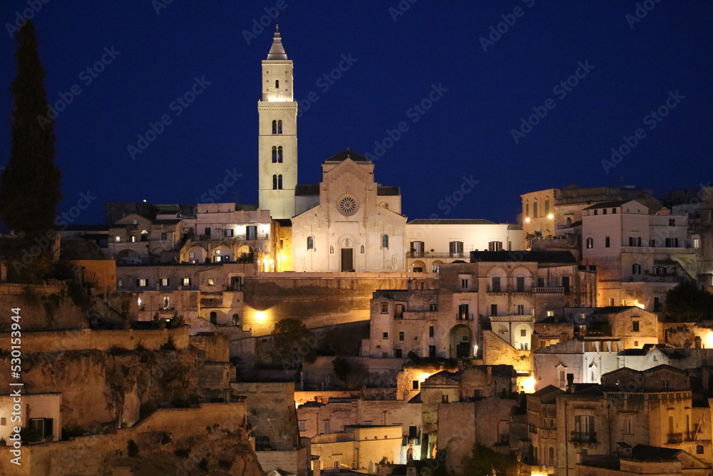 Night over the old town of Matera, Italy