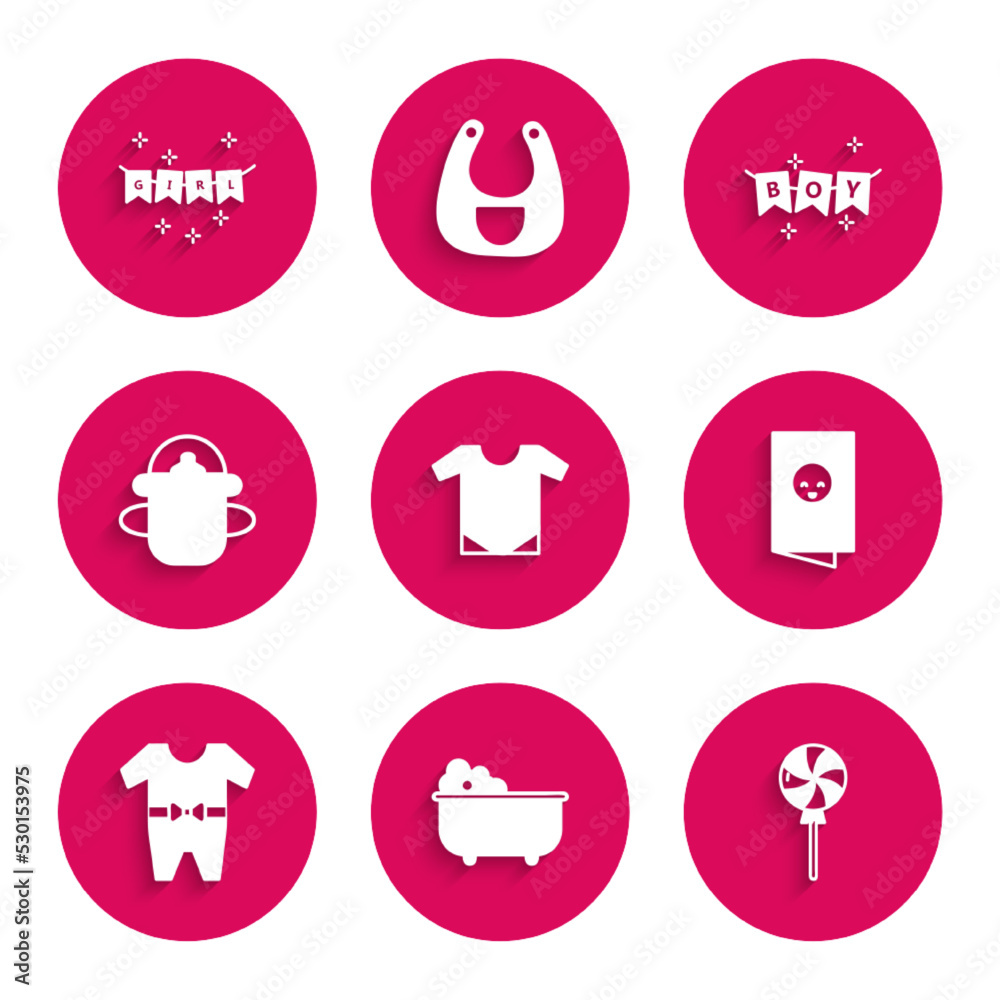 Set Baby onesie, bathtub, Lollipop, shower invitations card, poster, clothes, bottle, Carnival garland with flags and icon. Vector Set Baby onesie, bathtub, Lollipop, shower invitations card, poster, clothes, bottle, Carnival garland with flags and icon. Vector
