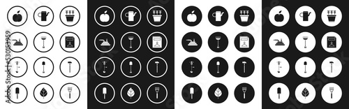 Set Plants in pot, Garden rake, hose or fire hose, Apple, pack full of seeds of specific plant, Watering can, Hammer and Grass and weed electric string trimmer icon. Vector