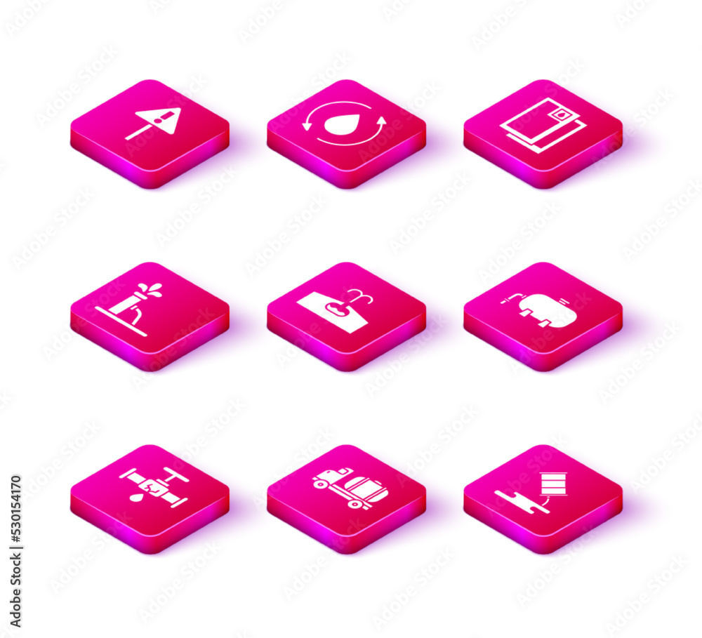 Set Broken pipe with leaking water, Tanker truck, Oil pump or pump jack, Oilfield, Barrel oil, industrial factory building, and drop icon. Vector Set Broken pipe with leaking water, Tanker truck, Oil pump or pump jack, Oilfield, Barrel oil, industrial factory building, and drop icon. Vector