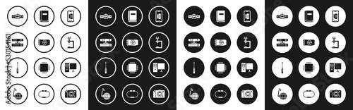 Set Smartphone, mobile phone, Video graphic card, Motion sensor, Smartwatch, Microscope, User manual, Computer monitor and Screwdriver icon. Vector