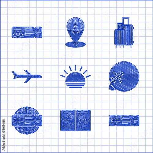 Set Sunset, Passport pages with visa stamps, Airline ticket, Globe flying plane, Plane, Suitcase for travel and Cruise traveling by ship icon. Vector