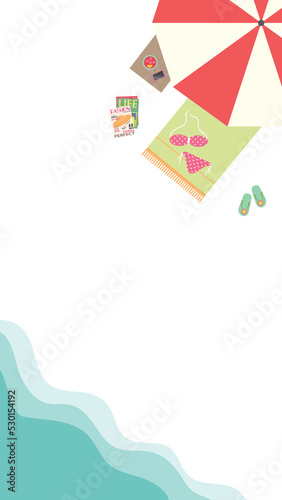 illustration of a beach, sea waves, swimsuit under the umbrella