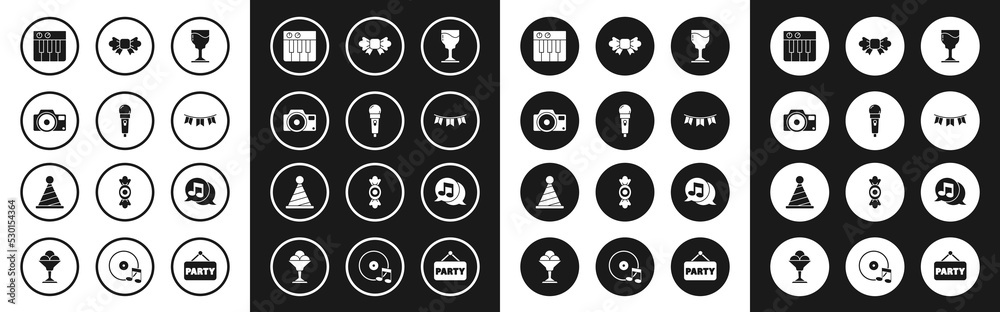 Set Wine glass, Microphone, Photo camera, Music synthesizer, Carnival garland with flags, Bow tie, Musical note speech bubble and Party hat icon. Vector