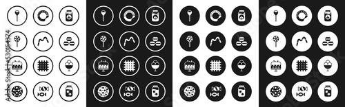 Set Cherry jam jar, Jelly worms candy, Lollipop, Macaron cookie, Donut, Ice cream in bowl and Cake plate icon. Vector