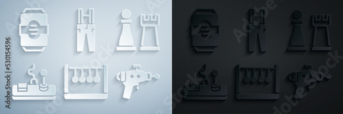 Set Pendulum, Chess, Gamepad, Ray gun, Pants with suspenders and Energy drink icon. Vector