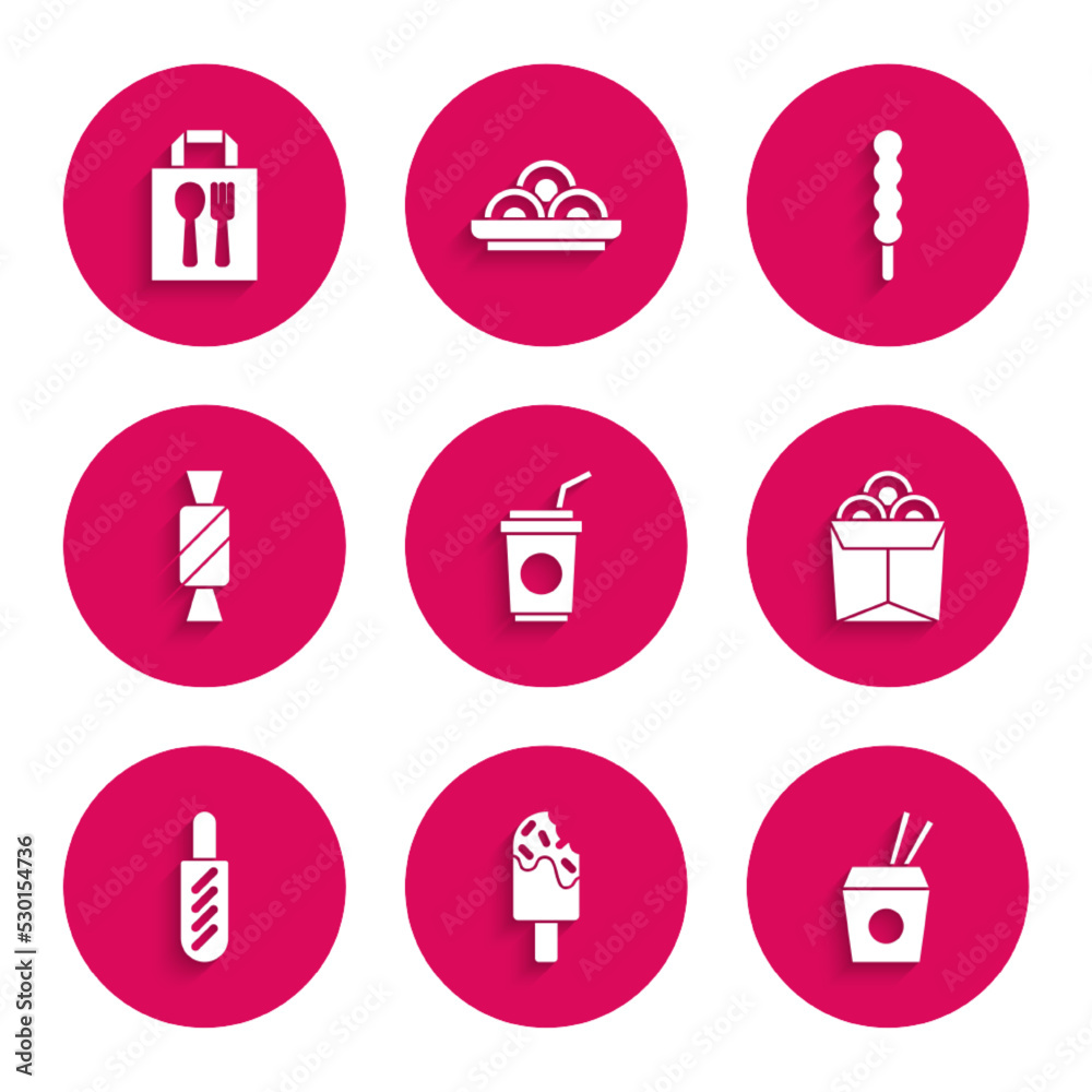 Set Paper glass with straw, Ice cream, Asian noodles and chopsticks, Noodles in box, Hotdog sandwich, Candy, Lollipop and Online ordering delivery icon. Vector Set Paper glass with straw, Ice cream, Asian noodles and chopsticks, Noodles in box, Hotdog sandwich, Candy, Lollipop and Online ordering delivery icon. Vector
