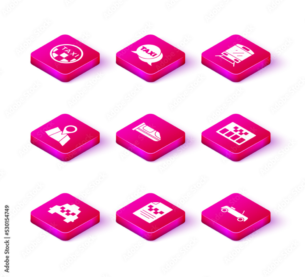 Set Taxi car, driver license, Folded map with location, High-speed train, Car, Taximeter, Train and call telephone service icon. Vector Set Taxi car, driver license, Folded map with location, High-speed train, Car, Taximeter, Train and call telephone service icon. Vector