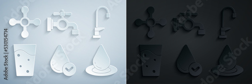 Set Water drop, tap, Glass with water, and icon. Vector