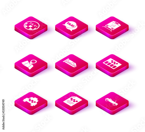 Set Taxi car, driver license, Folded map with location, High-speed train, Car, Taximeter, Train and call telephone service icon. Vector