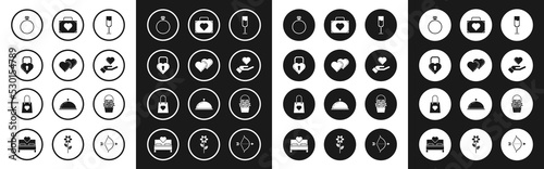 Set Glass of champagne, Two Linked Hearts, Castle the shape heart, Diamond engagement ring, hand, Suitcase for travel with, Flowers basket and Shopping bag icon. Vector