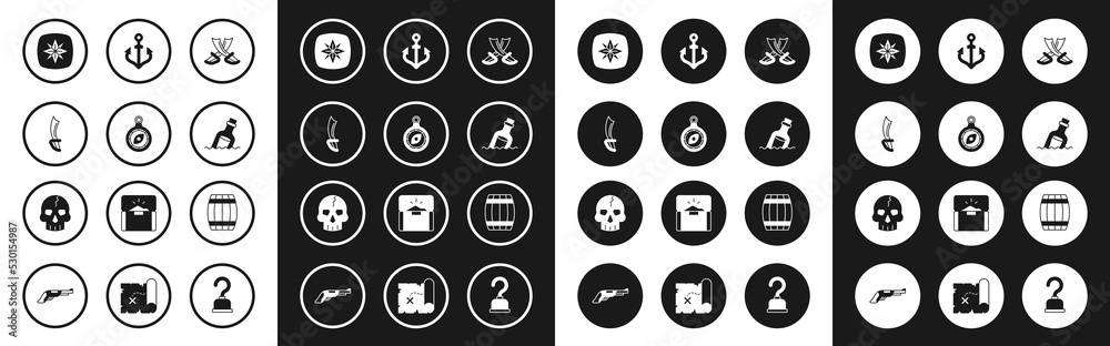 Set Crossed pirate swords, Compass, Pirate, Wind rose, Bottle with message water, Anchor, Wooden barrel and Skull icon. Vector
