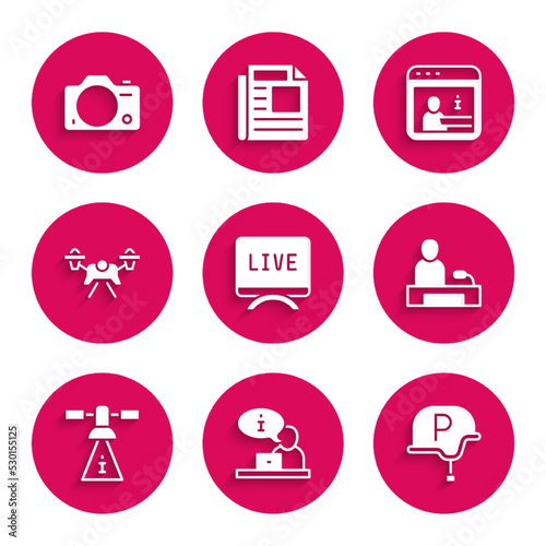Set Live report, Television, War journalist, Satellite, Drone, Information and Photo camera icon. Vector