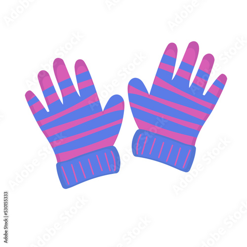 Children gloves and cartoon person child glove hand with finger. Winter clothing and protection knitted symbol. Warm clothes and warm pair mitt. Mitten baby wear and christmas activity concept