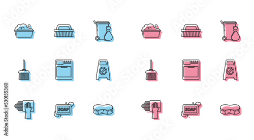 Set line Cleaning service, Bar of soap with foam, Plastic basin suds, Sponge, Washer, Wet floor and cleaning progress, Handle broom and Brush for icon. Vector