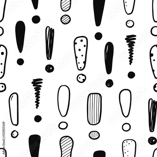 Hand drawn exclamation mark seamless pattern. Scribble doodle exclamation point sign background. Hand drawn sketch danger pattern. Vector illustration