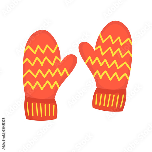 Children pair mittens winter clothes icon and child glove isolated white. Kid season fashion clothing and warm cartoon accessory. Cute person cloth and wear dress. Weather knitted apparel and woolen
