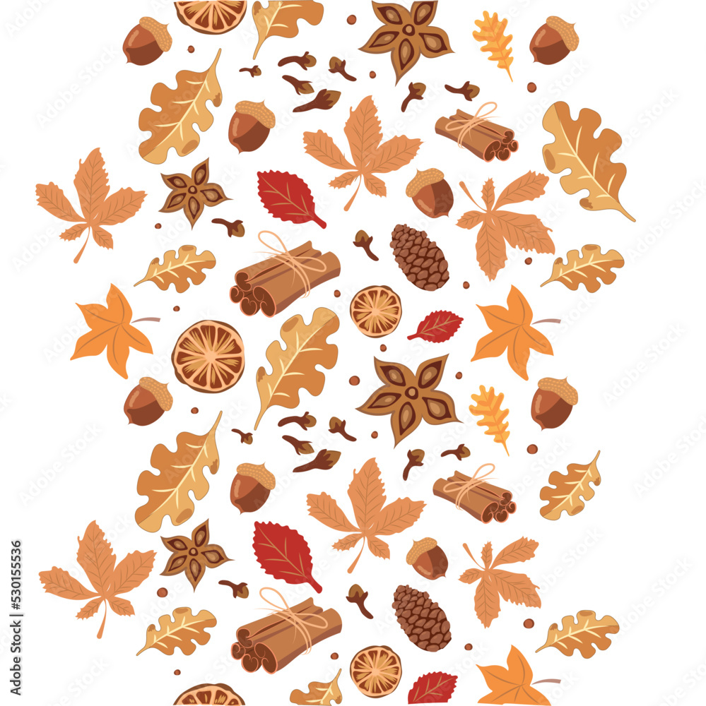 Vector autumn pattern with yellow maple leaves, apricot, spice, paca, chokeberry and rowan, acorn isolated on white background.
