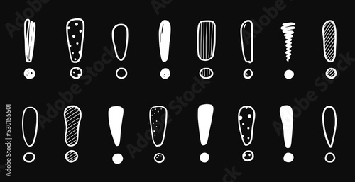 Hand drawn exclamation mark set. Scribble chalkboard doodle exclamation point sign. Hand drawn sketch danger information sign. Vector illustration.