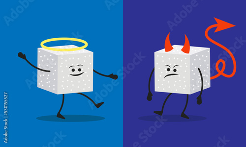 Bad and good sugar and comparison of the usefulness of cartoon sugar in food. Good helpful angel character vs bad sugar devil. Healthy or tasty food in sweets and drinks concept vector illustration