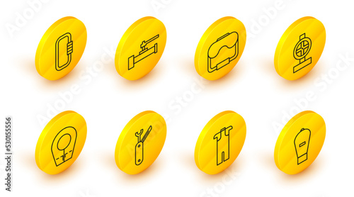 Set line Lift bag, Wetsuit for scuba diving, Swiss army knife, Diving hood, Industry metallic pipes and valve, mask, and Carabiner icon. Vector