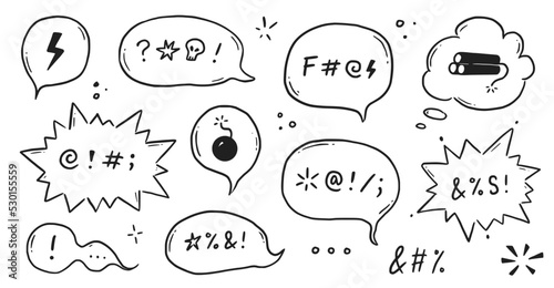 Swear word speech bubble set. Curse, rude, swear word for angry, bad, negative expression. Hand drawn doodle sketch style. Vector illustration