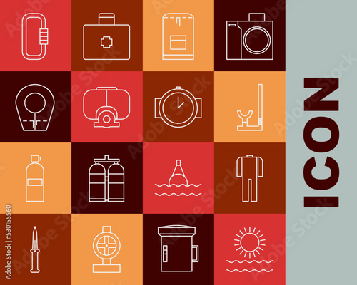 Set line Sun and waves, Wetsuit for scuba diving, Snorkel, Backpack, Diving mask, hood, Carabiner and watch icon. Vector