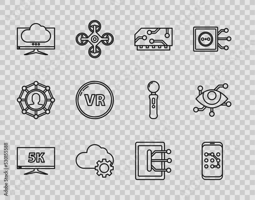 Set line Monitor display with 5k video, RAM, random access memory, Cloud technology data transfer storage, Computer monitor screen, Virtual reality, Tablet and icon. Vector