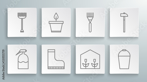 Set line Garden sprayer, Plant in pot, Waterproof rubber boot, Home greenhouse and plants, Bucket, rake, Hammer and icon. Vector