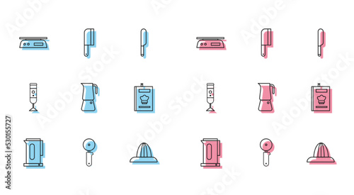 Set line Kettle with handle, Pizza knife, Electronic scales, Citrus fruit juicer, Moka pot, Cookbook, Blender and Meat chopper icon. Vector